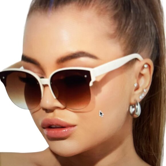 Women's, Unisex Fashion gradient Color PC Half Frame Beige Sunglasses - Picture 1 of 2